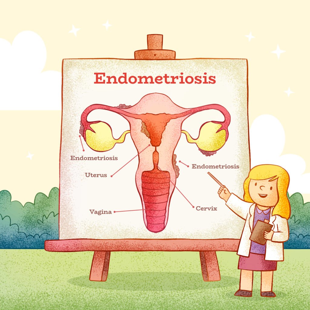 Schéma montrant la totalité de l'utérus et met en lumière les syndromes de l'endométriose